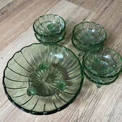 Vintage green footed fruit bowl with 6 small bowls