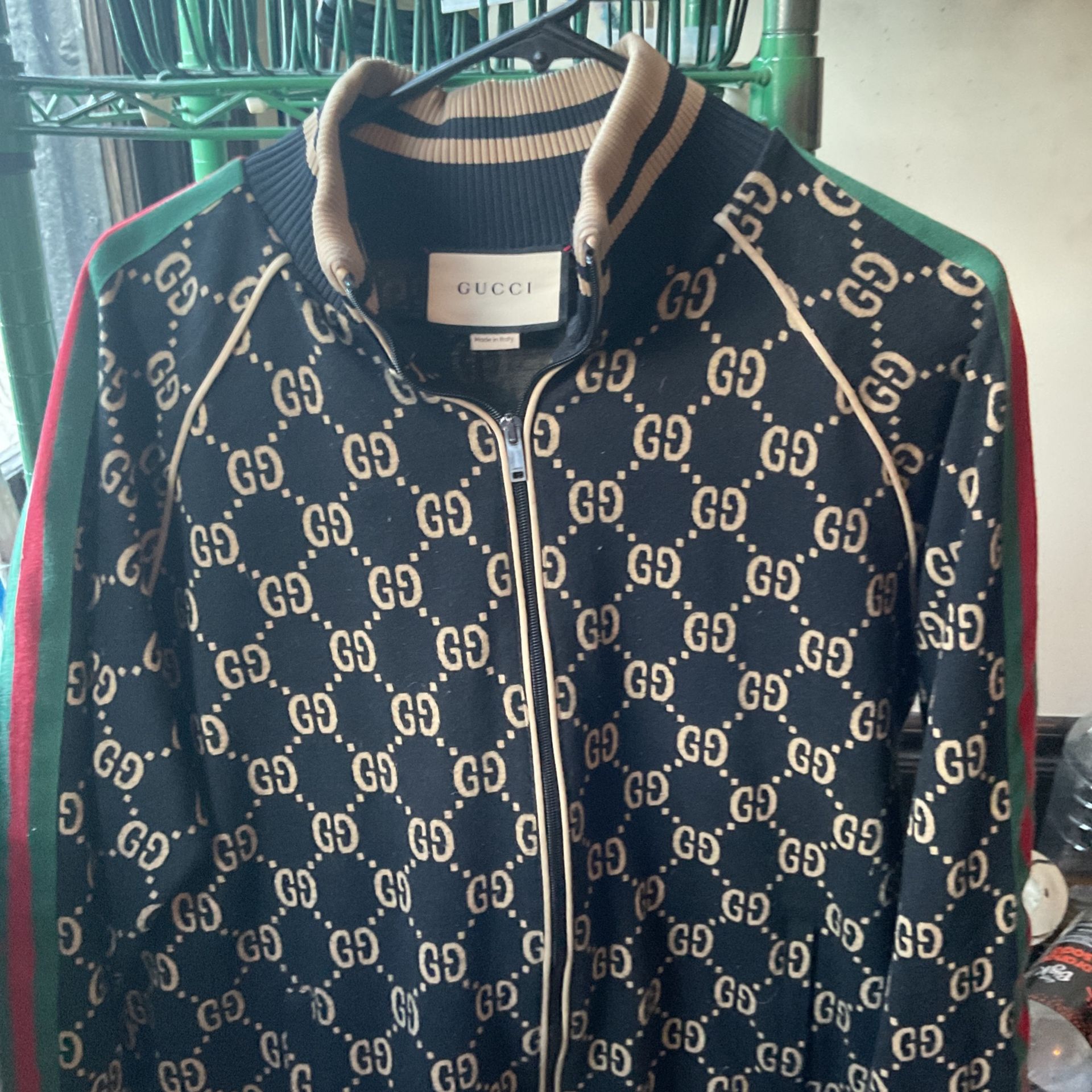 Authentic Gucci Men's Webbing-Trimmed Monogrammed Cotton-Jersey Track Jacket Black In Color Size Large