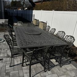 Fortunoff Backyard Grand Saddle Grey Cast Aluminum w/ Cushions and Lazy Susan  14 Piece Dining Set + 112x64 Rect. Table