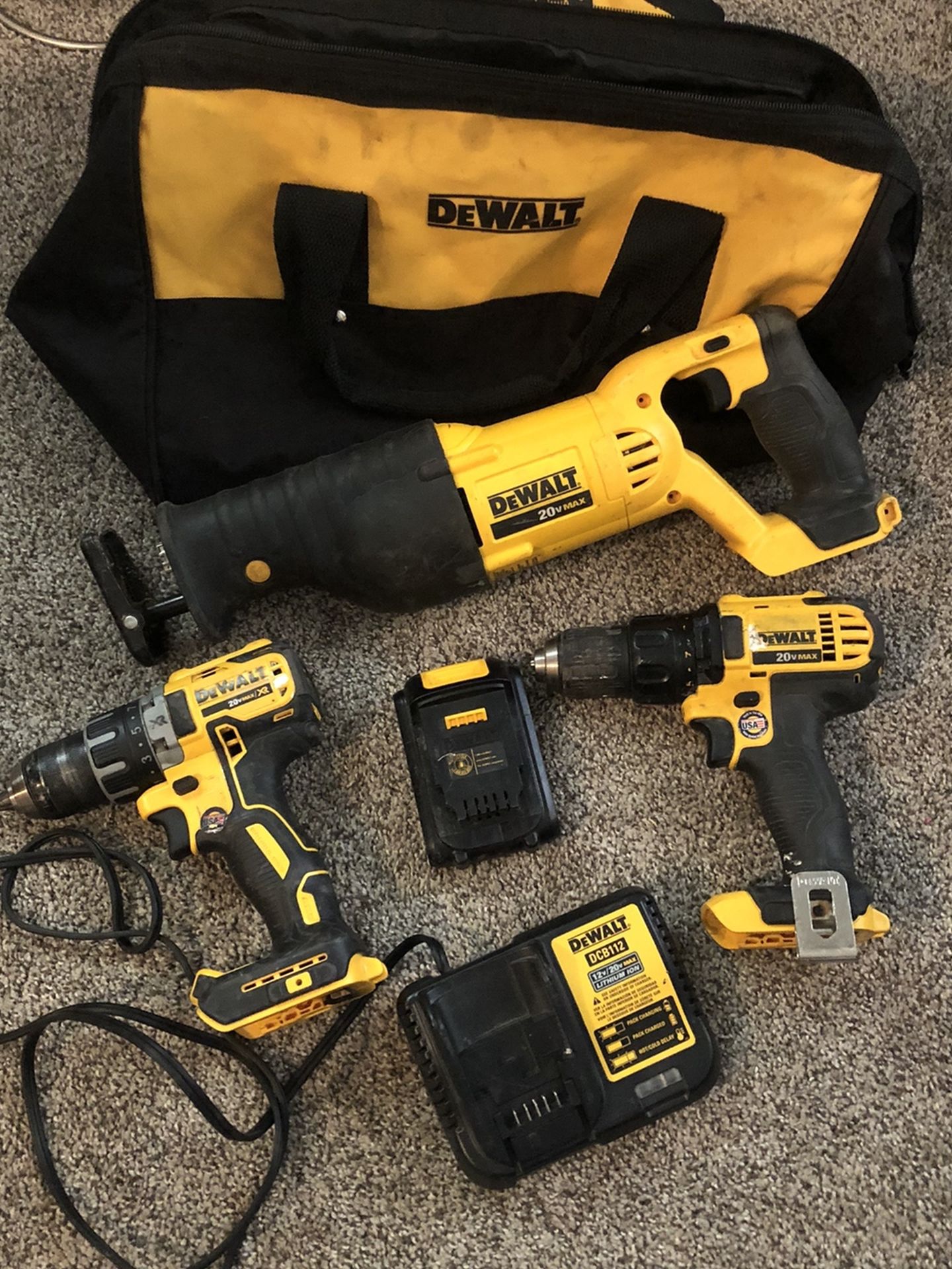 Dewalt 20 V Max Sawzall and 220 V Dewalt drills