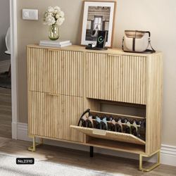 37” H,Fluted Shoe Cabinet Storage with 4 Flip Drawers, Wood Narrow Hidden Shoe Cabinet with Metal Legs & Adjustable 2 Tier Shelf for Entryway, Freesta