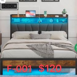 （F-001）Full Size Bed Frame with Headboard, Metal Platform Bed with LED Lights & Charging Station, 2-Tier Storage