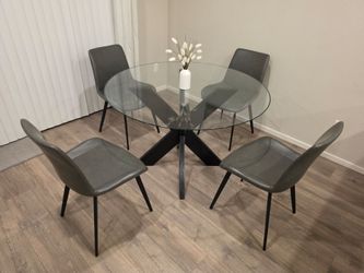 Round Glass Table(D48") and 4 Gray Faux Leather Chairs