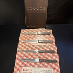 4 NEW Vintage Reader’s Digest Stainless Steel Steak Knives Wood Handles and Magnetic Storage Board