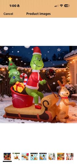 7 FT Green Monster Christmas Inflatable Decoration, Green Monster and Dog Max on the Sleigh Scene Decoration, Built-in 8 high-Light LED Lights, Intere