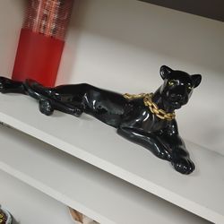 Vintage MCM Reclining Black Panther Ceramic Statue Sculpture With Gold Chain Around Neck 18"