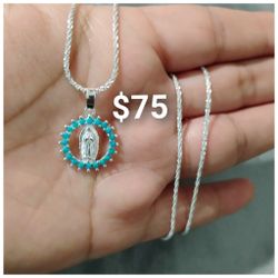 925 Sterling Silver Chain With The Pendant/Cadena Con Medalla De La Virgen De Plata 925