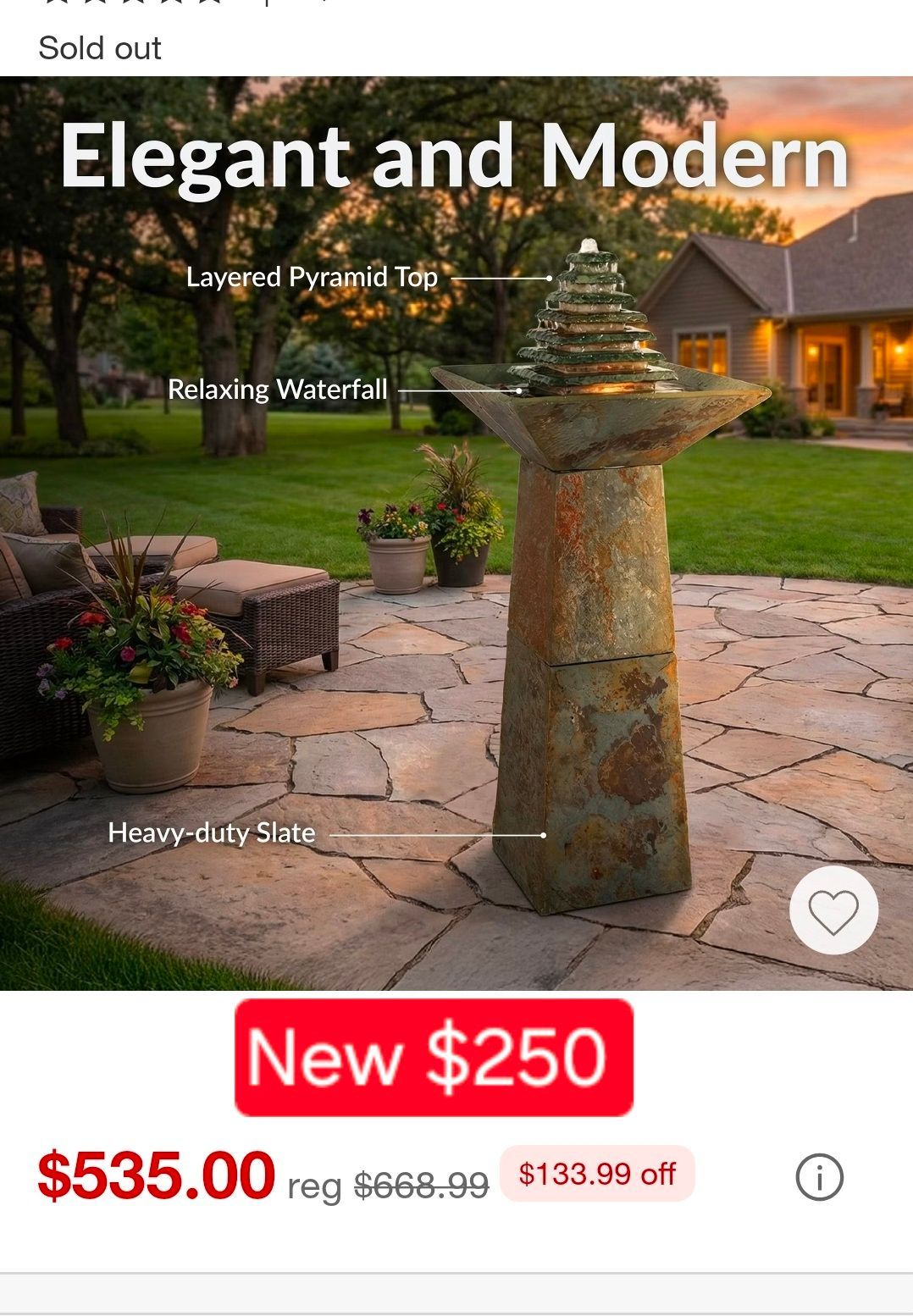 ✨️ Sunnydaze 40"H Electric Natural Slate Layered Pyramid Tiered Outdoor Water Fountain with LED Light w6798