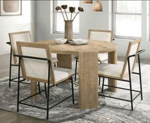Brand New Oak & Beige 5pc Formal Dining Table Set