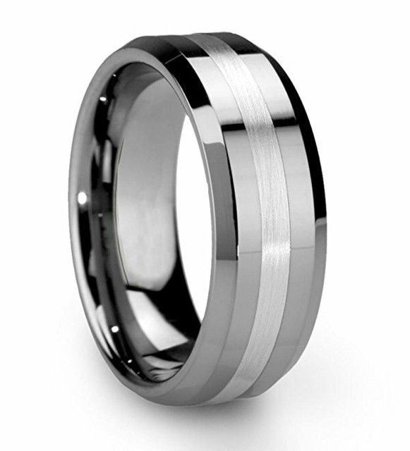 Men's 8mm Tungsten Silver Polished With Matte Finish Stripe Comfort-Fit Wedding Band