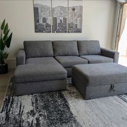 Living Spaces Gray Sectional Sofa with Storage Ottoman - Like New - Free Delivery