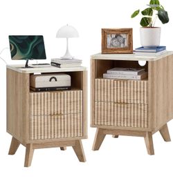 E64+E64 $120 set of 2 Fluted Nightstand with Charging Station, 18" Modern Side Table with Faux Marble Top, 2 Drawers End Table w/Storage, Bedside Tab