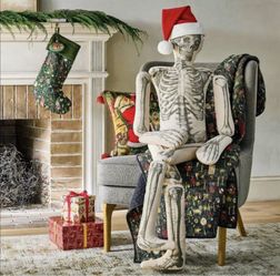 John Derian 63" Stuffed Fabric Skeleton with Santa Hat