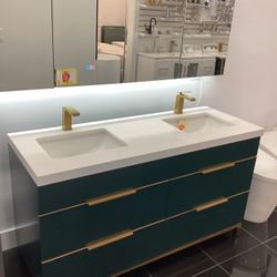 60” Bathroom Vanity Cabinet Solid Wood Quartz Top Ready For Pick Up