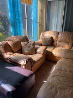 3 Piece Real Leather Sofa Set (Sofa, Love Seat, Chair) Sand  Color/ Juego De Sala en Cuero Real 3 Piezas
