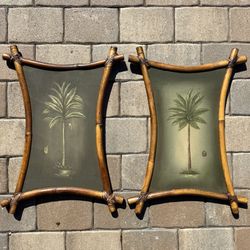 Vintage Bamboo & Palm Tree Painted Wall Art – A Pair