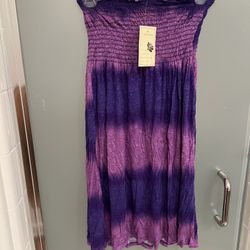 New Purple Tie Dye Stripe Strapless Smocked Dress