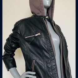 New Black Faux Leather Jacket Hoody Hoodie