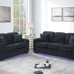Brand New Black Chenille Sofa & Loveseat w LED Lights