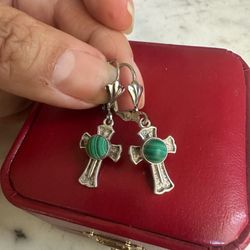 925 Sterling Silver Cross earrings w/ natural malachite center, dangle earrings , hook latch , marked G&S @95 925