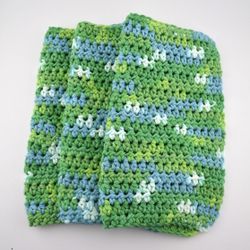 set of 3 handmade crochet cotton dish wash cloth 8.5 x 9 in of green & blue 