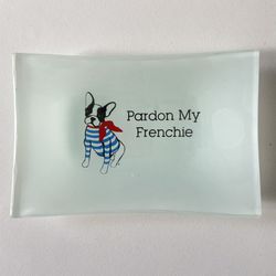 PARDON MY FRENCHIE Bulldog French Aqua Green Frosted Glass Soap Dish 4”x6” EUC