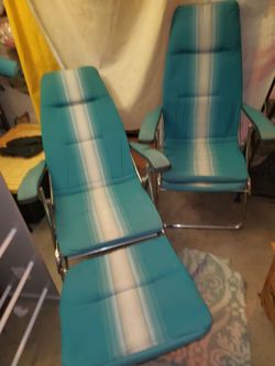 Vintage Teal Striped Foldup Lounge Chairs with pull-out Ottoman