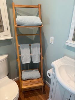 Teak Wood Leaning Towel Rack & Bathroom Storage Shelf