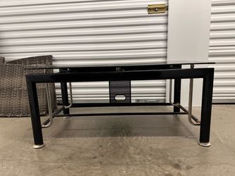 Black Glass Top TV Stand with Metal Frame and glass shelf