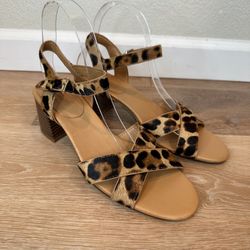 J. Crew Leopard Calf Hair Strap Chunky Heeled Sandals