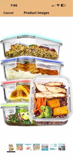 Vtopmart 5Pack 22oz Glass Storage Containers with Lids, Multicolour Glass Meal Prep Food Container Sets, Snap Airtight Lid, For Microwave, Oven, Freez