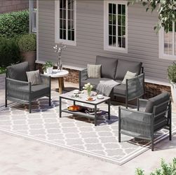 Aluminum Patio Furniture Set, 4 Seats Modern Outdoor Sectional Furniture with PE Rope and glass top coffee table.