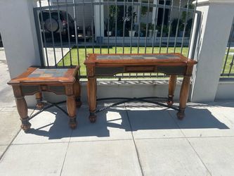 Wood and Slate Tile Console and End Table Set