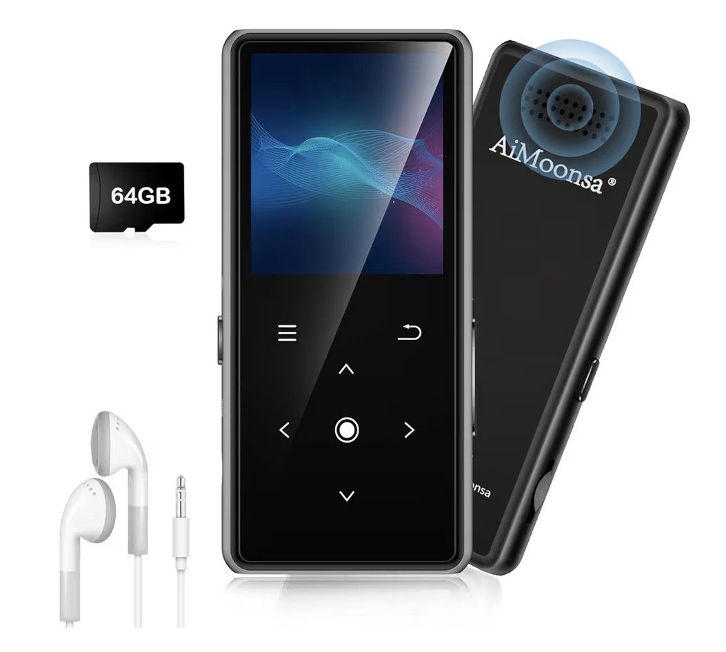 64GB MP3 Player with Bluetooth 5.2, AiMoonsa Music Player with Built-in HD Speaker, FM Radio, Voice Recorder, HiFi Sound, E-Book, Earphones Included