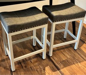 Set of Two Counter Height Upholstered Saddle Bar Stools