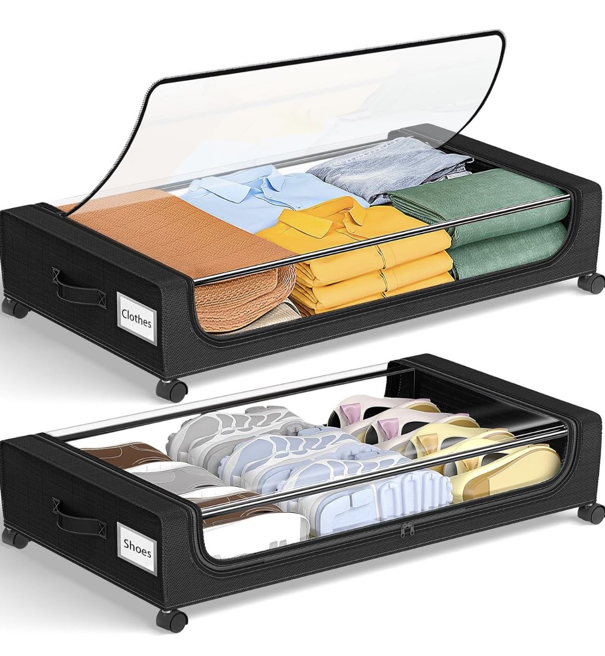 GoMaihe Under Bed Storage with Wheels: XXL Underbed Storage Containers with Clear Lids - Rolling Drawers & Bins for Shoes Clothes in Dorm Bedroom - Sp