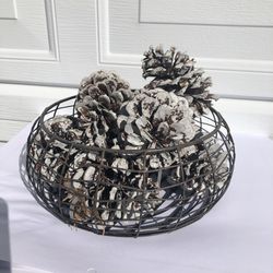 Round Metal Basket Of Pine Cones