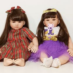 Two 24" Reborn Lifelike Silicon Baby Girl Dolls With Beautiful Brown 15" Hair, Soft And Realistic.