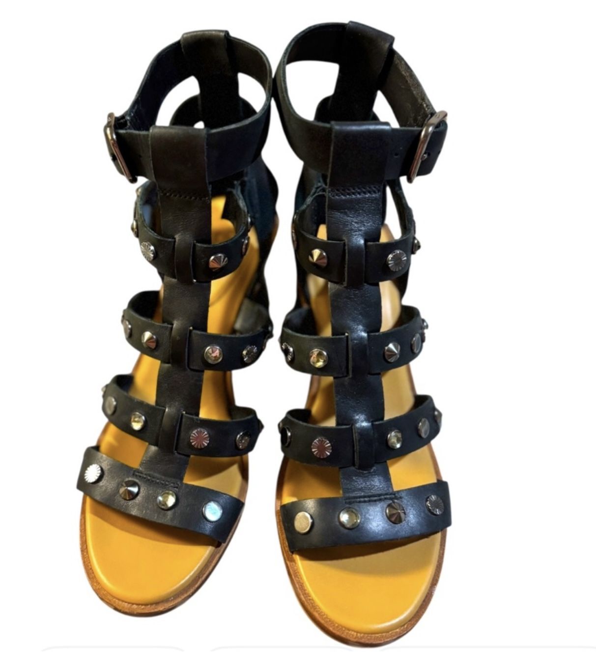 UGG AUSTRALIA Black+Silver Macayla Studded Leather Bling Block Heel Sandals 10