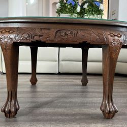 Oval  Vintage Chinese Carved  Coffee Table with Three Stools