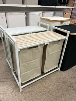 VASAGLE 2 x 12.1 Gallons (46 L) Laundry Hamper w/ 2 Pull-Out Bags- Cappuccino Beige / Natural Beige