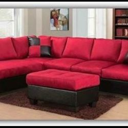 RED AND BLACK MICROFIBER SECTIONAL SOFA WITH CUPHOLDERS AND STORAGE OTTOMAN NEW IN BOX