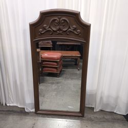 Brown Wood Arched Wall Mirror with Carved Crest