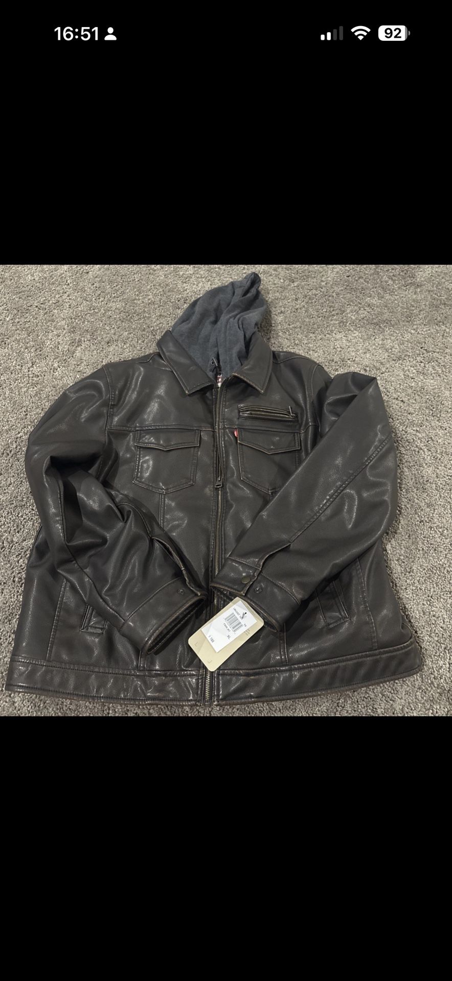 Levi's Mens Faux Leather Hooded Trucker Jacket, Sherpa Lining, XL. New W/ Tags