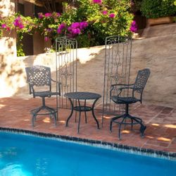 Metal Bistro Style Table With 2 Barstools Chairs  Black 