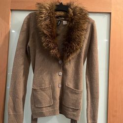 H&M DIVIDED faux fur removable collar Tie Cardigan, size 2