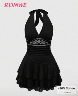 ROMWE Hippie Sun Totem Embroidered Sleeveless Layered Short Dress For Women