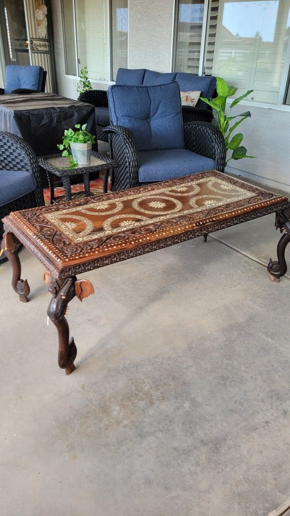 Antique Anglo-Indian Carved Inlay Rosewood Coffee Table
