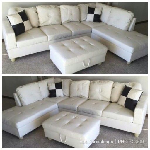 Brand New White Leather Sectional With Storage Ottoman