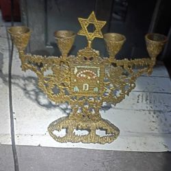 Vtg Jewish Judaica Candle Holder Candelabra Hebrew Torah Brass Gold Ton 9" Lion